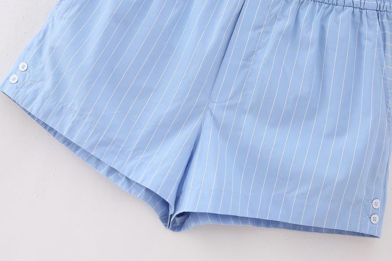 Women's clothing New Women's Striped Contrast Color Shirt Top + Elastic High Waist Shorts Two-piece Set 8BS9697_voghion.com