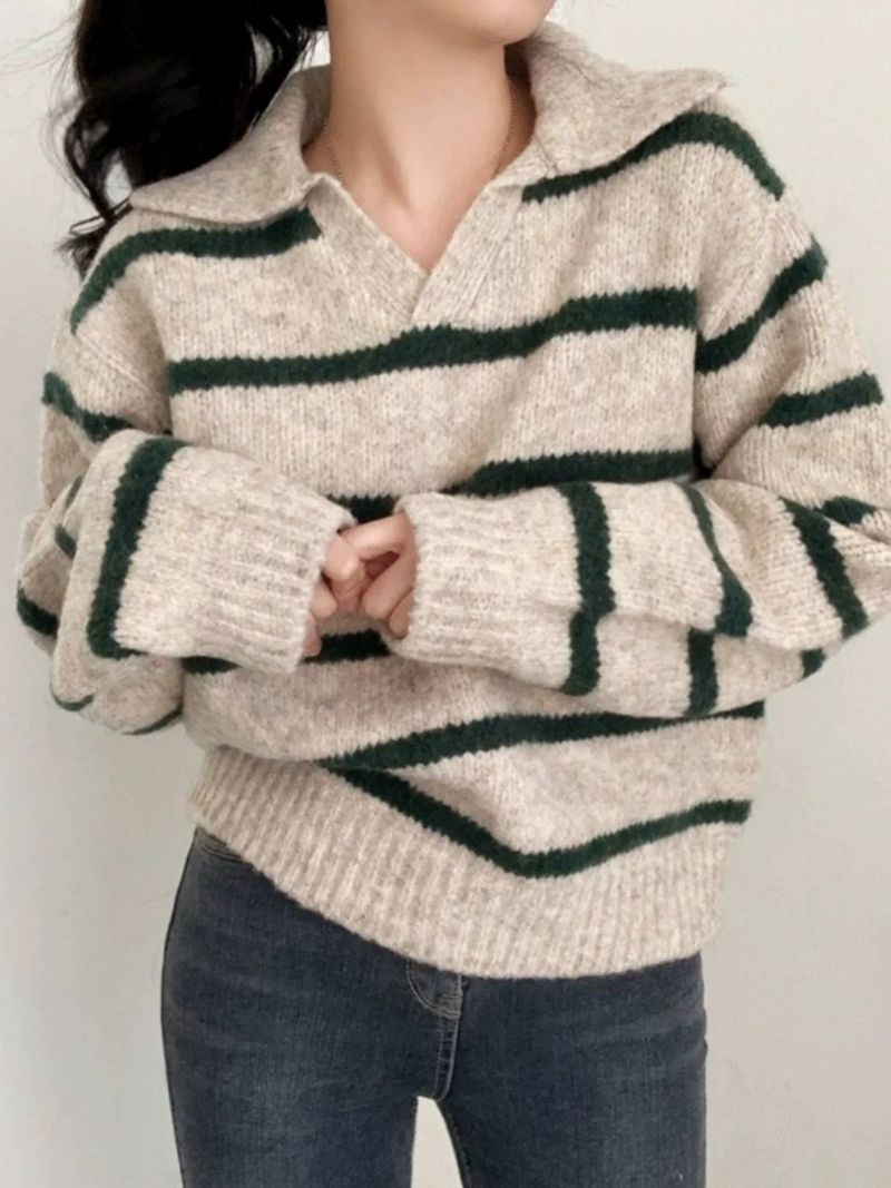 Pull en tricot à col polo rayé style coréen pour femme - Pull doux et confortable à col en V pour l'automne, coupe ample et décontractée_voghion.com