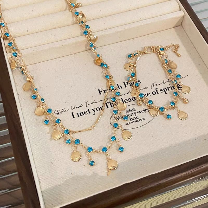 Mermaid-Inspired Blue Zircon & Gold Necklace Set – Elegant Minimalist Layered Chain With Matching Bracelet | Unique Nautical | Beachy Boho_voghion.com