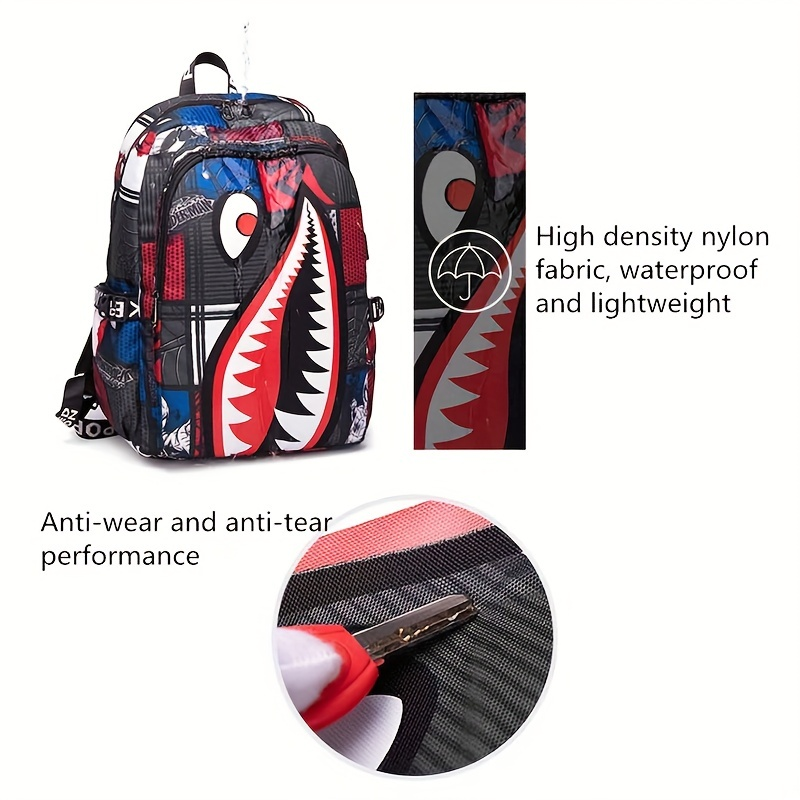 Mochila con patrón de tiburón, bolso escolar de nailon de moda para estudiantes, mochila de viaje ligera con puerto de carga USB_voghion.com