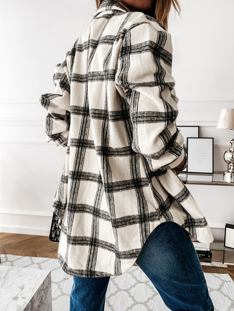 Cappotto a camicia a maniche lunghe scozzese retrò casual alla moda da donna_voghion.com