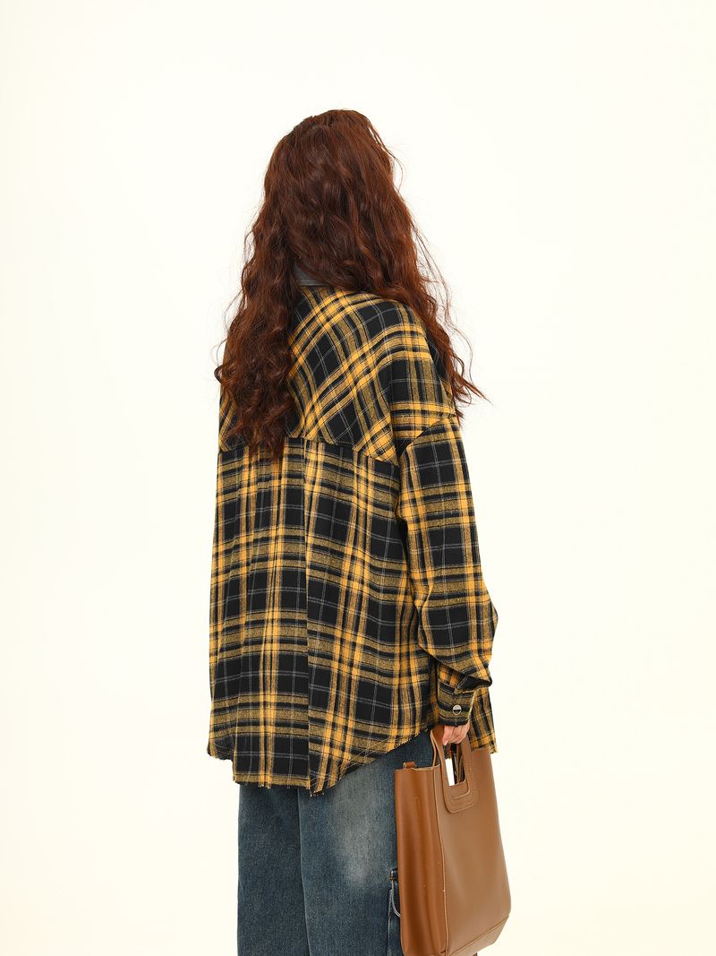 Camicia a quadri gialla a quadri Wild Azi, vestibilità ampia e versatile, per l'inizio dell'autunno, da donna, di alta qualità_voghion.com