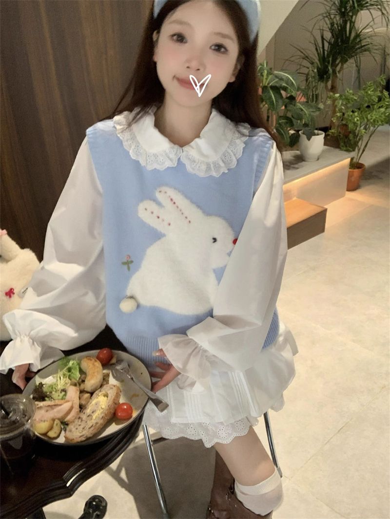 Sweet Rabbit~Cute Reduced Age Rabbit Jacquard Stacked Vest with Three Dimensional Plush Ball Decoration Exterior Top_voghion.com