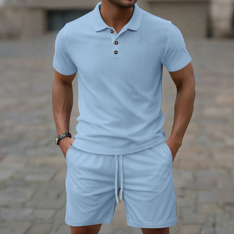 2025 Summer New Casual Men's Solid Color Jacquard Lapel Button Short Sleeve Shorts Set_voghion.com