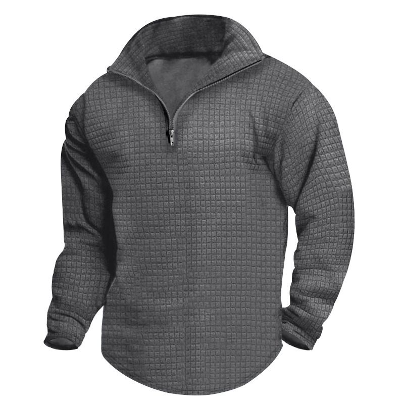 Felpa con cappuccio a quadri piccoli da uomo, primavera e autunno, con collo alto e mezza cerniera, da uomo_voghion.com