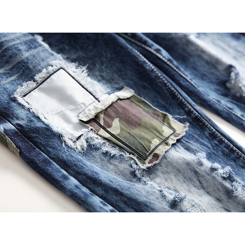 Straight Cut Hole Jeans With Floral Patches Men's Long Pants_voghion.com