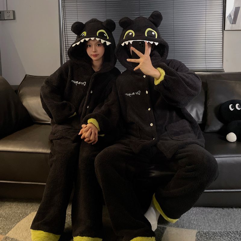 Toothless Couple Little Monster Long Winter Pajamas Cute Cartoon Plus Plush Thick Home Clothes Women's Set_voghion.com