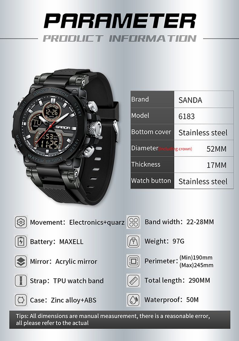 Men's Digital Analog Sports Watch With Night Light, Waterproof, Dual Time, Countdown, Stopwatch, Alarm, And Hourly Chime_voghion.com