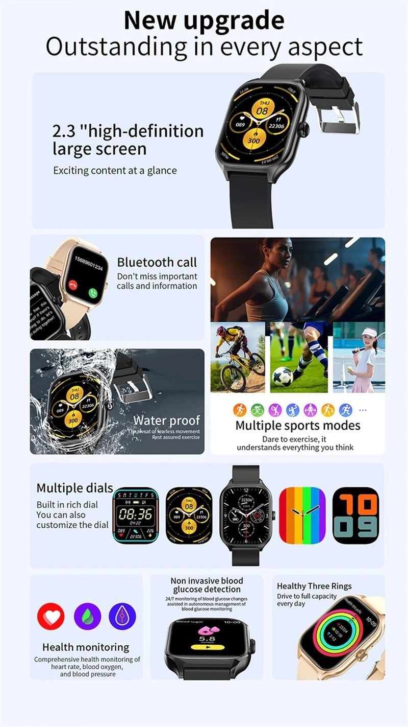 2023 EKG+PPG Smartwatch Männer Fraen Häerzfrequenz Sauerstoff Sport Fiess Tracker 2.01Zoll Bluetooth Uruff Bluttzocker Smartwatch_voghion.com