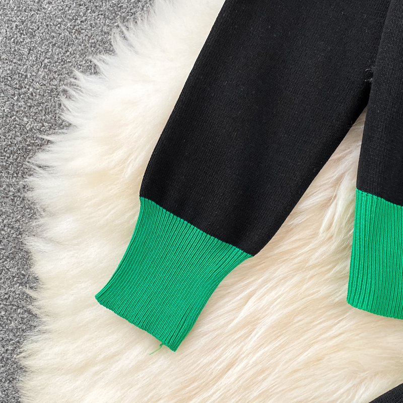 Damenbekleidung, lässiger V-Ausschnitt, lockere Kontrastfarbe, langärmelige Jacke, zweiteiliges Set, hoch taillierte Strickhose mit weitem Bein_voghion.com