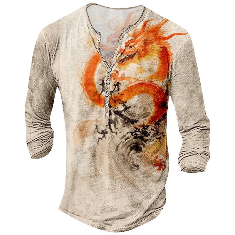 Unbeatable Quality Summer 3D Digital Printing 7-button Henry Dragon Pattern Men's Casual Long Sleeved Shirt_voghion.com