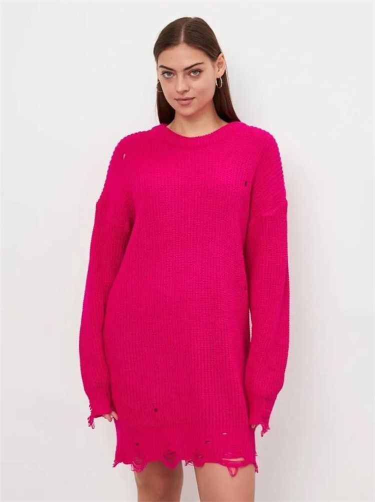 Loose solid color perforated sweater, mid to length, autumn/winter 2024 new item, round neck pullover, long sleeved_voghion.com