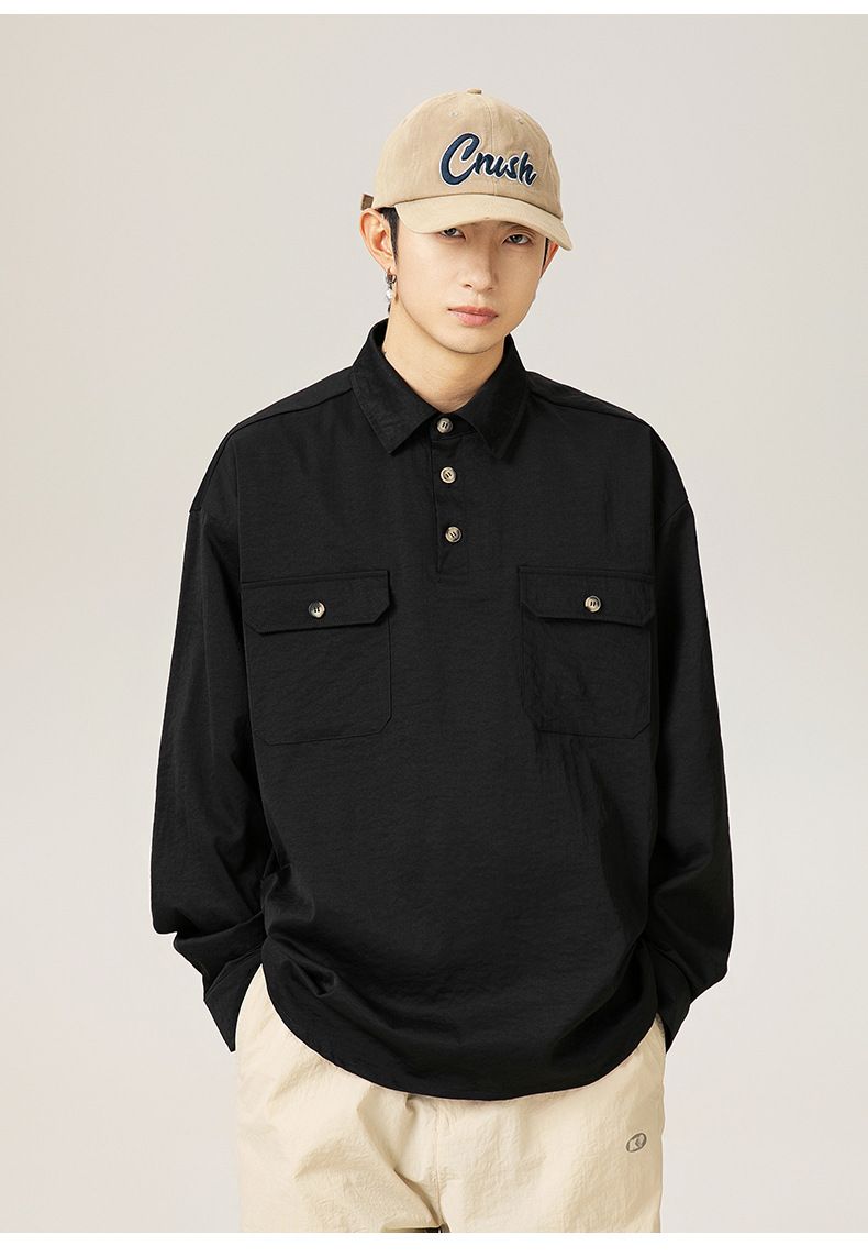 Vintage-Inspired Half Button Down Shirt, Oversized Casual Long Sleeve Shirt With Flap Pockets, Spring Layering Essential_voghion.com