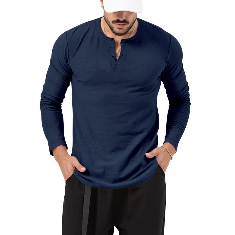 Unschlagbare Qualität 2025 Langarm-T-Shirt Rundhalsausschnitt Einfarbig Button-Down Henley Casual Sports Base Shirt Herrenbekleidung_voghion.com