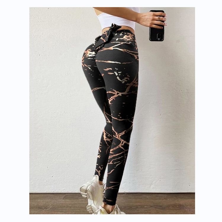 Pantaloni da yoga da yoga da donna con stampa multicolore antirughe sull'anca, dimagranti a vita alta, con fiocco elasticizzato_voghion.com