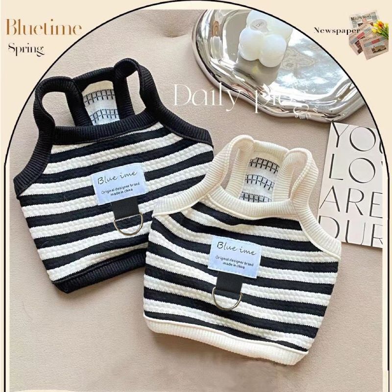 Autumn New Pet Dog Cat Leash Clothes INS Style Teddy Bichon Striped Cotton Vest_voghion.com
