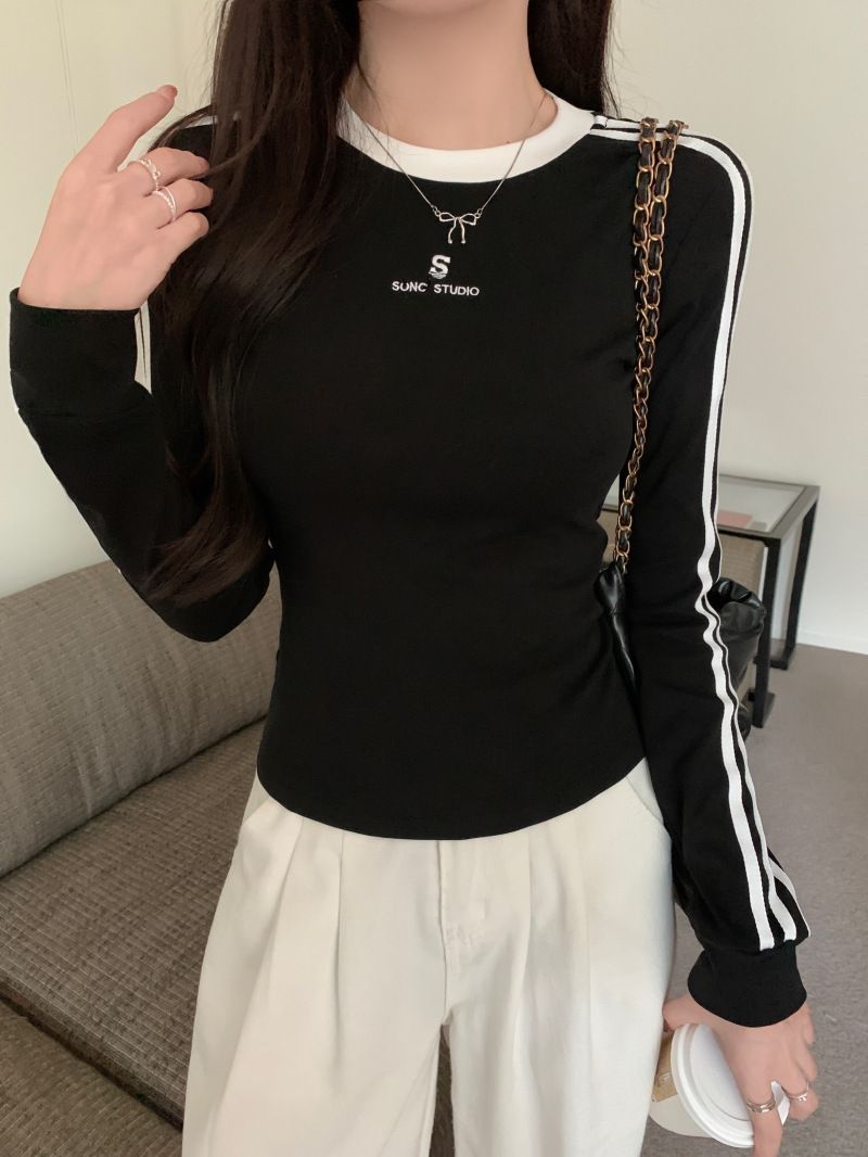 545 # 40 count pure cotton (92 cotton/8 spandex) 2024 autumn long sleeved T-shirt with embroidered stripes for women_voghion.com