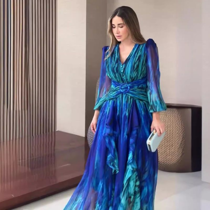 Elegantes Kleid mit langen Ärmeln und französischem Retro-Print für Damen_voghion.com