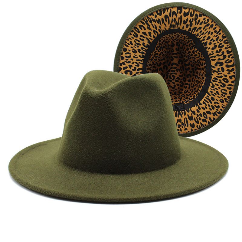New thickened men's and women's top two tone jazz hats, large brimmed double-sided woolen leopard print inner felt hats_voghion.com