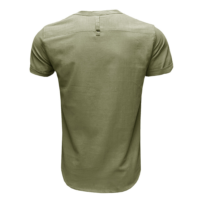 Camicia uomo manica corta tinta unita collo Henry, camicia da uomo in cotone e lino_voghion.com