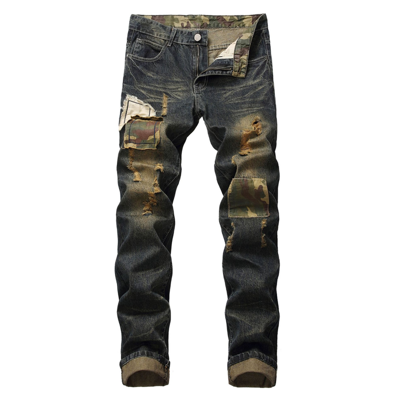 Straight Cut Hole Jeans With Floral Patches Men's Long Pants_voghion.com
