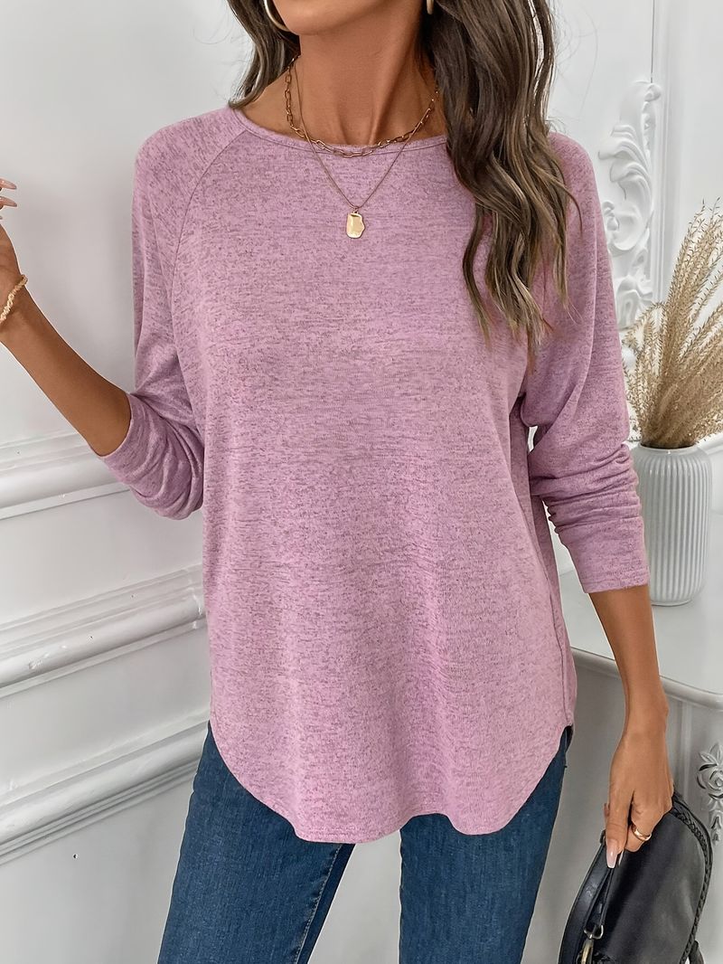 Tricou de bază interioară pentru toamnă și iarnă, top pentru femei cu mânecă lungă, casual, cu guler rotund, tricotat, culoare solidă_voghion.com