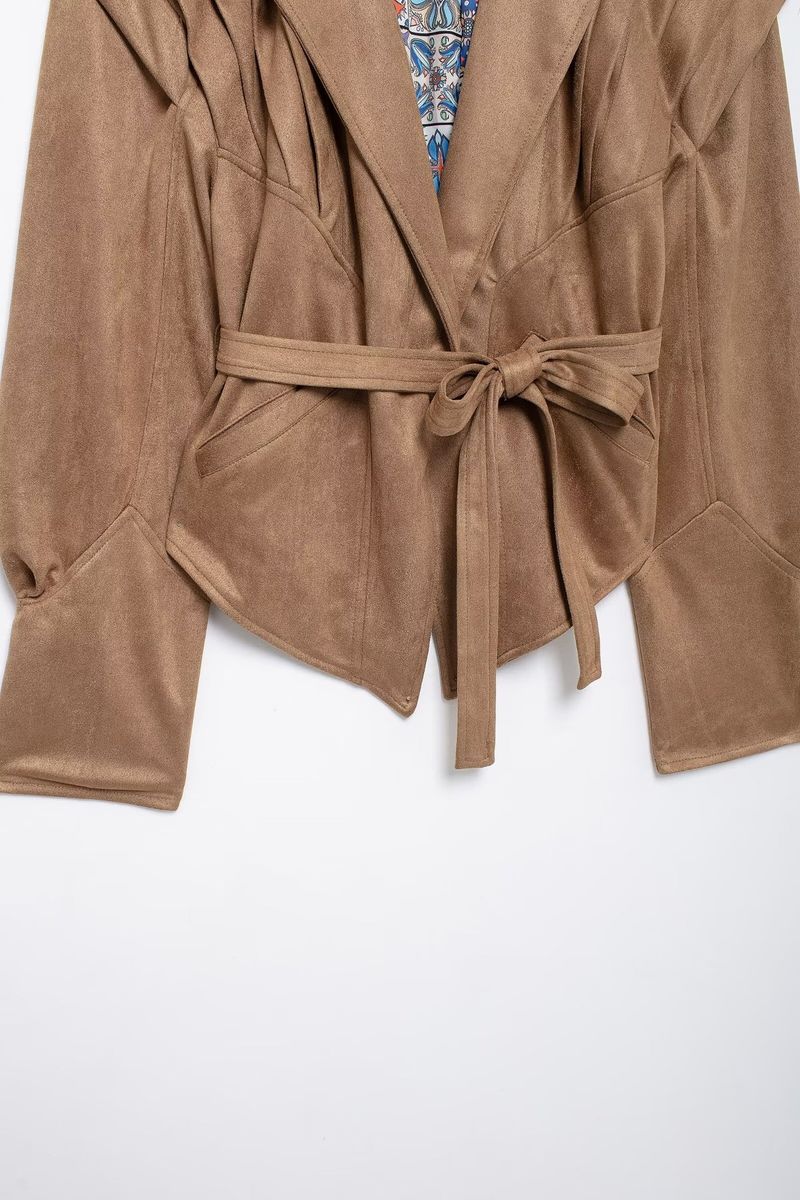 Women's Fashion Belted Cropped Jacket - Streetwear Style With Adjustable Waist Tie - Suede & Polyester Blend - Short Outerwear For Fall & Winter_voghion.com
