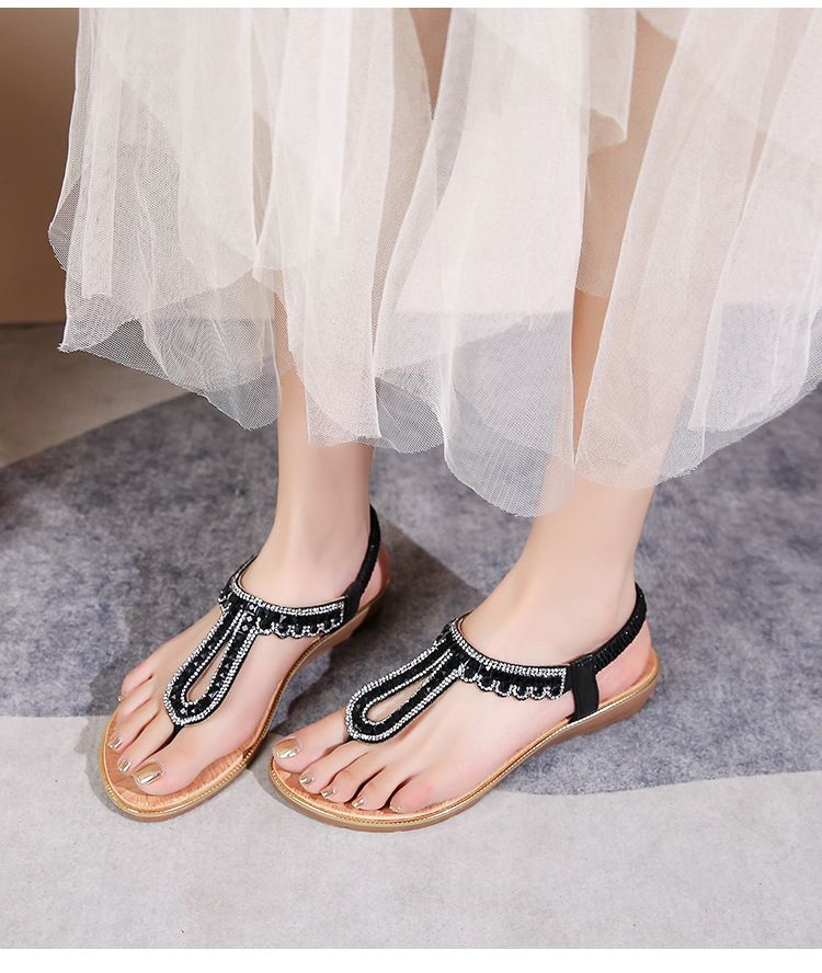 New Bohemian Sandals Round Head Flat Sandals Women's Rhinestone Large Size Women's Sandals_voghion.com