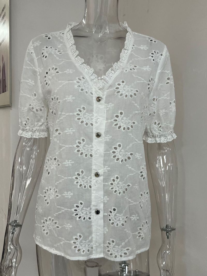 Bestickte Kurzarmbluse für den Sommer für Damen – Freizeithemd mit Blumenmuster und Schnürung, lockere Passform, atmungsaktive Polyestermischung, bequem und stilvoll_voghion.com