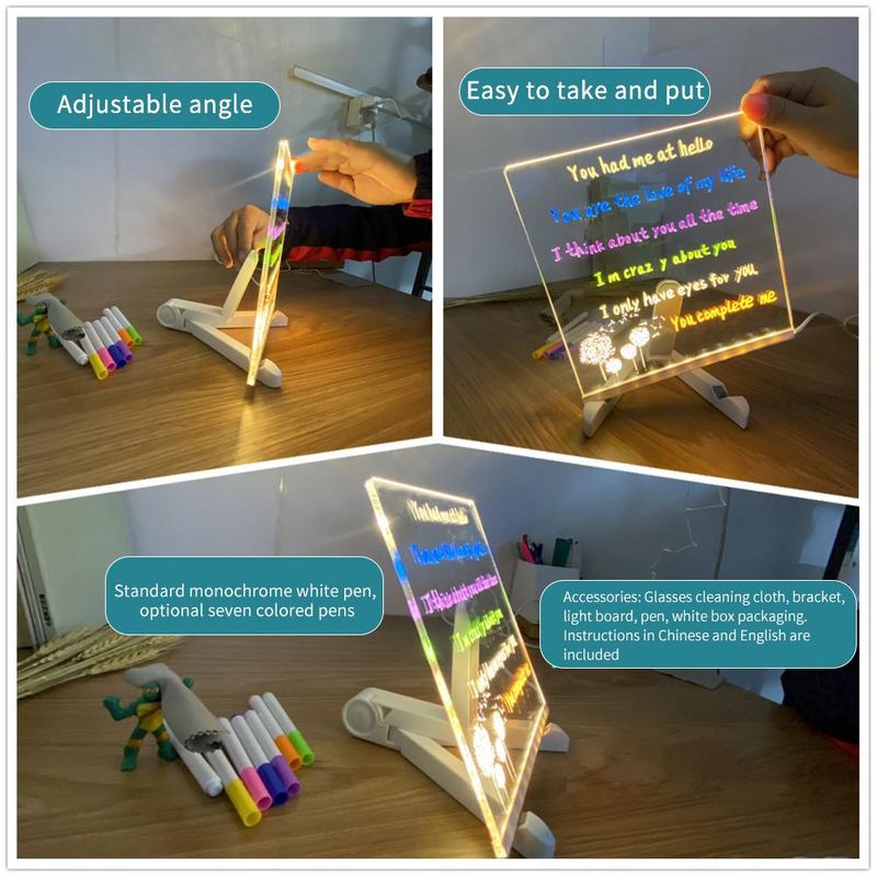 Lampada da disegno luminosa per bambini, in acrilico, riscrivibile, fai da te, con messaggio, con 7 penne colorate_voghion.com