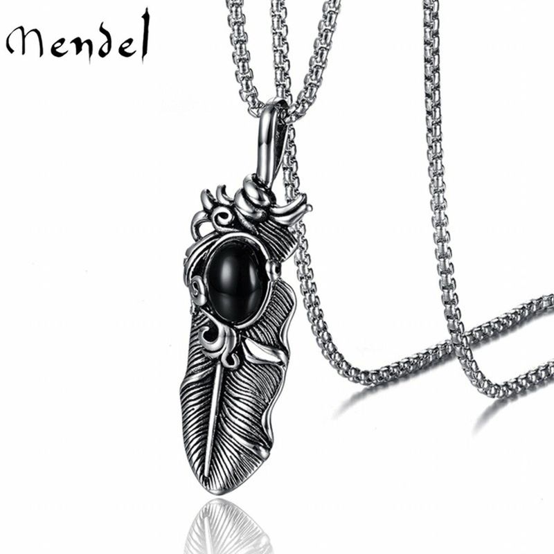 Collana da uomo in acciaio inossidabile con ciondolo a forma di piuma in turchese e onice simulato, regalo per la festa del papà_voghion.com