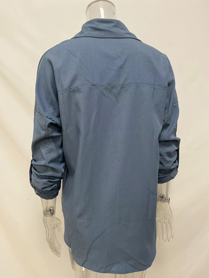 Camicia in denim da donna, camicia da cappotto casual all-match a maniche lunghe con doppia tasca ampia_voghion.com