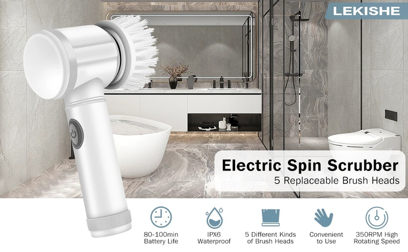 Coldless Spin Scrubber, Power Scrubber för badrum med 5 utbytbara huvudborstar, elektrisk rengöringsborste_voghion.com