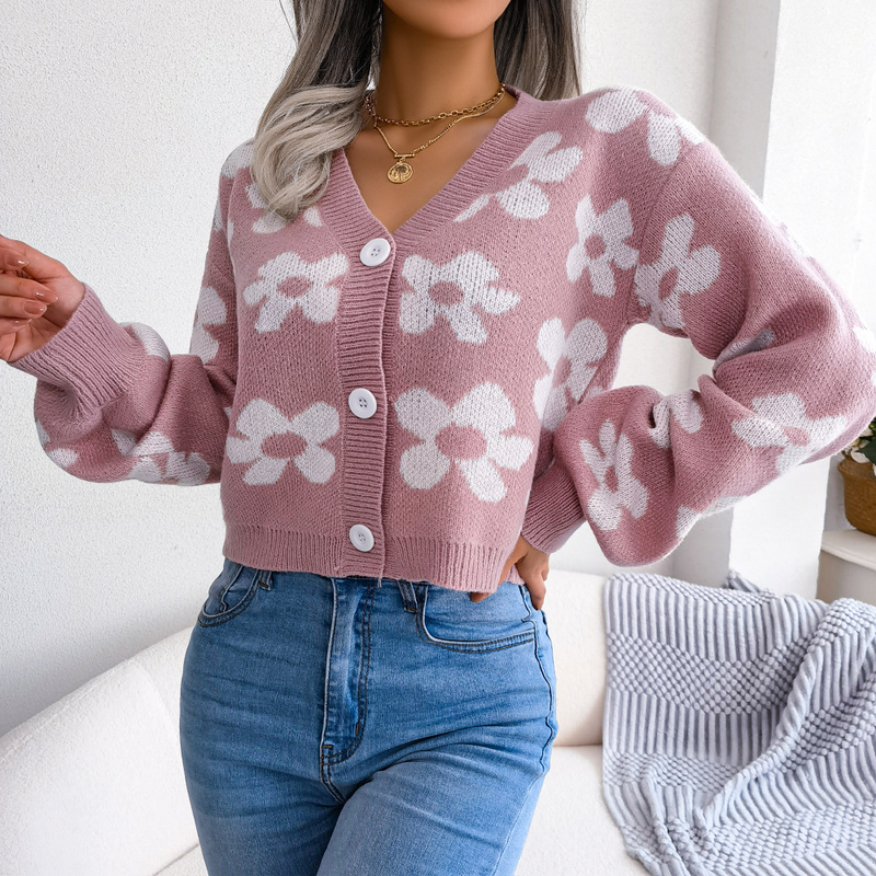 Internet-Promi-Stil Herbst-Winter-Mode Color-Block Floral Laterne Ärmel Strickjacke Pullover Mantel Damenbekleidung_voghion.com