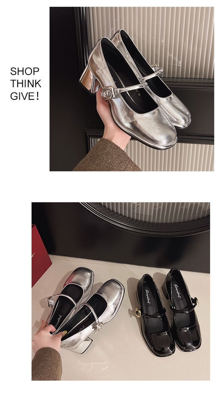 Scarpe Mary Jane con tacco medio, stile principessa francese, argento, tacco grosso, impermeabili, scarpe singole da donna, piccole scarpe argentate_voghion.com