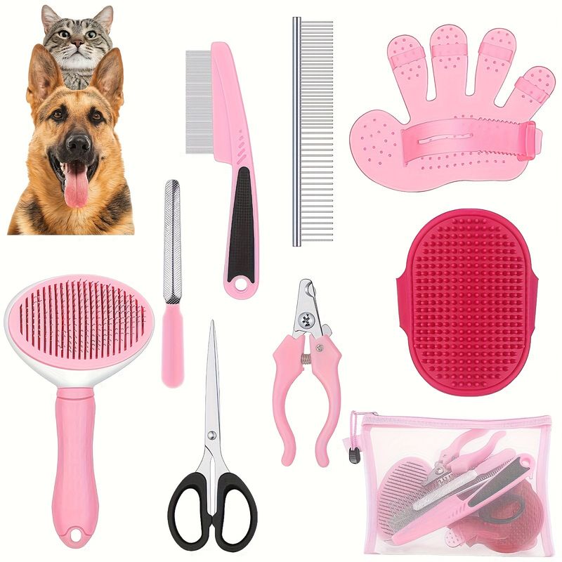 9-teiliges Hundepflegebürstenset mit Rechen, Flohkamm, Nagelknipser und Feile. Selbstreinigendes Fellpflegeset für Haustiere_voghion.com