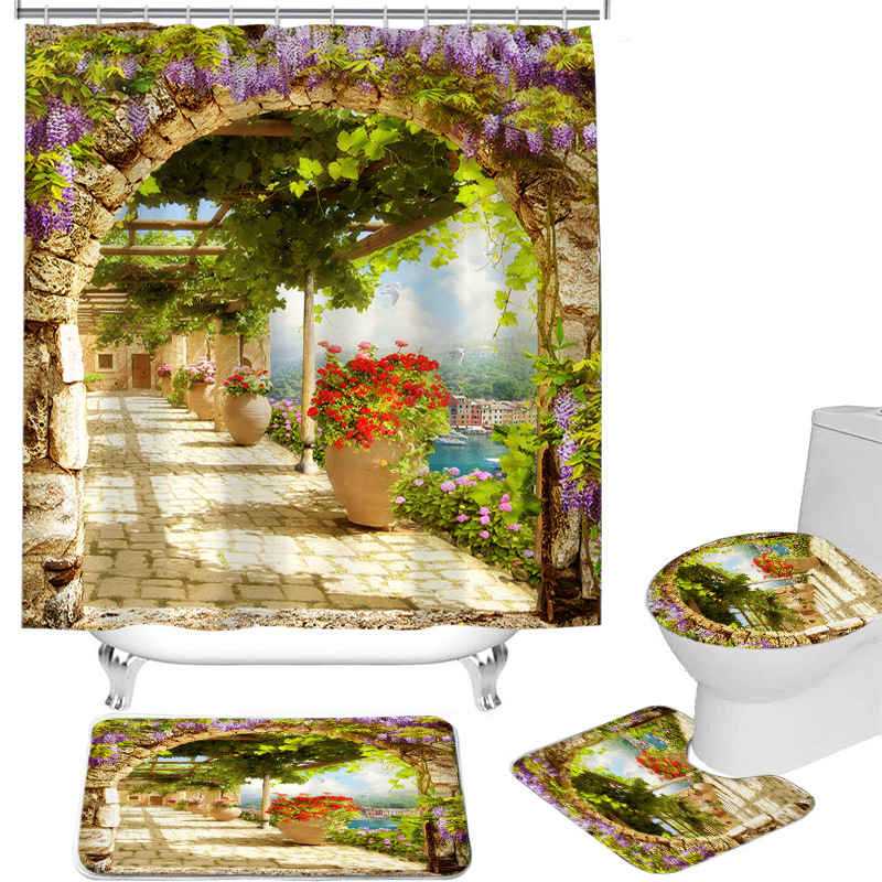 Tenda da doccia per bagno INS Nessuna perforazione Tenda per barriera per doccia da bagno Cortile con vista floreale Tenda da doccia_voghion.com