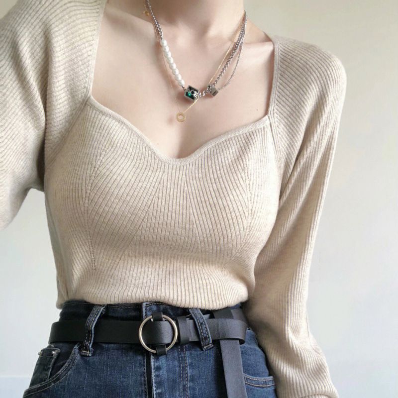 Kurzes, tailliertes Strickshirt mit eckigem Ausschnitt in Übergröße für Damen, neuer Herbst-Winter-Stil, ideal zum Kombinieren, kurzes Top für modebewusste Mädchen_voghion.com