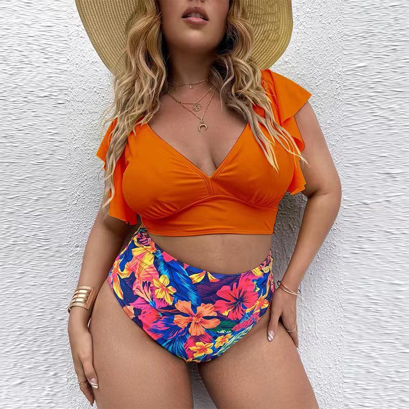 Grote maat splitbikini voor dames met geplooide ruches en hoge taille met print_voghion.com