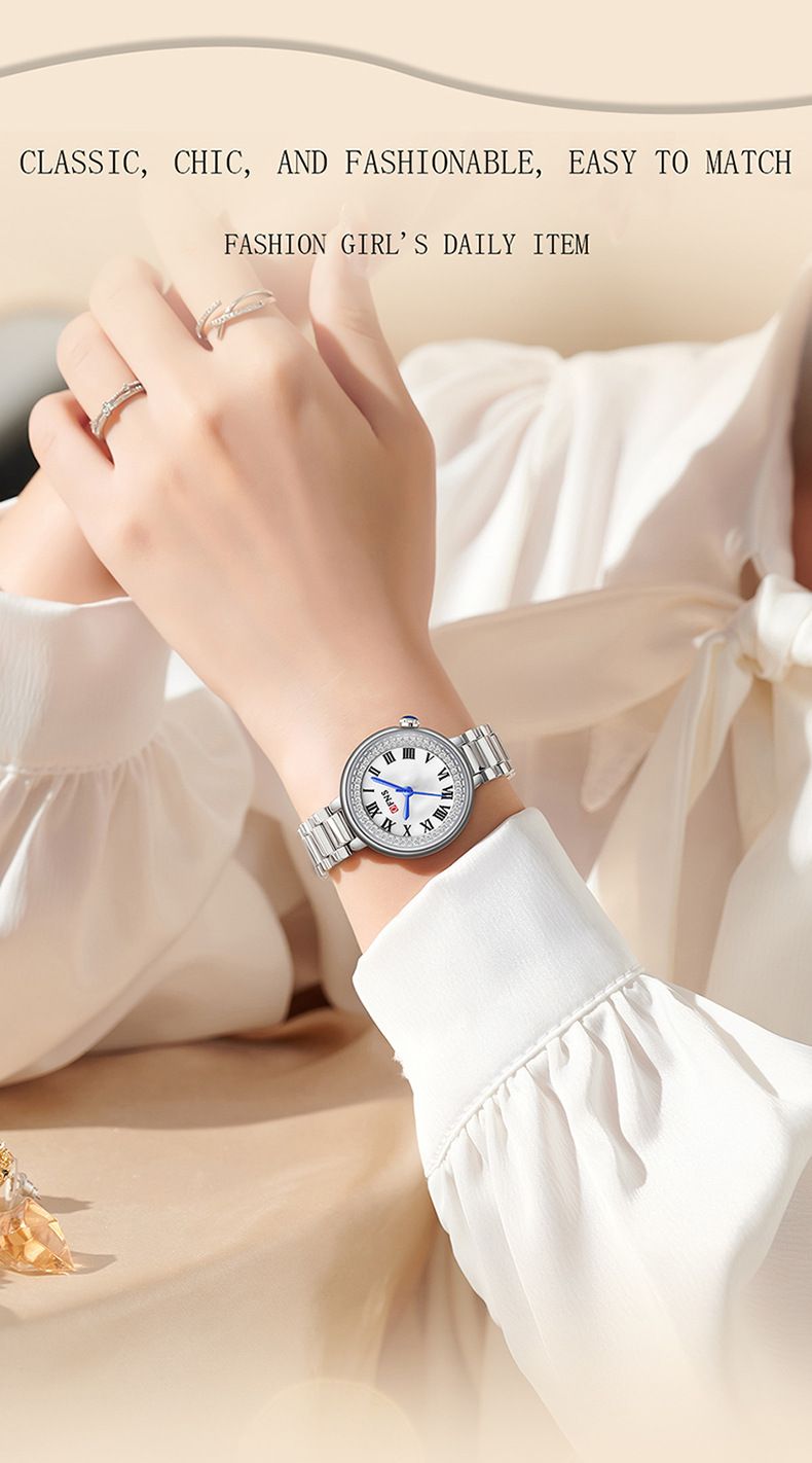 Women's Elegant Quartz Watch With Roman Numerals And Diamond Accents, Waterproof Stainless Steel Band, Minimalist Round Dial For Casual Wear_voghion.com