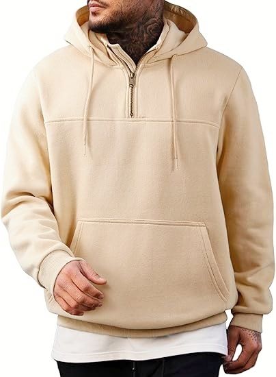 Herren-Fleece-Kapuzenpullover mit halbem Reißverschluss – Locker sitzendes Sweatshirt im amerikanischen Retro-Stil mit Stehkragen (S-XXXL, Kängurutasche, einfarbig)_voghion.com