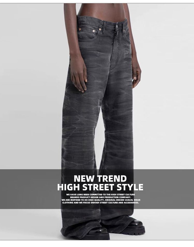 men's and women's washed distressed trousers, the same style for men and women, high street texture couple water rippled bootcut jeans_voghion.com