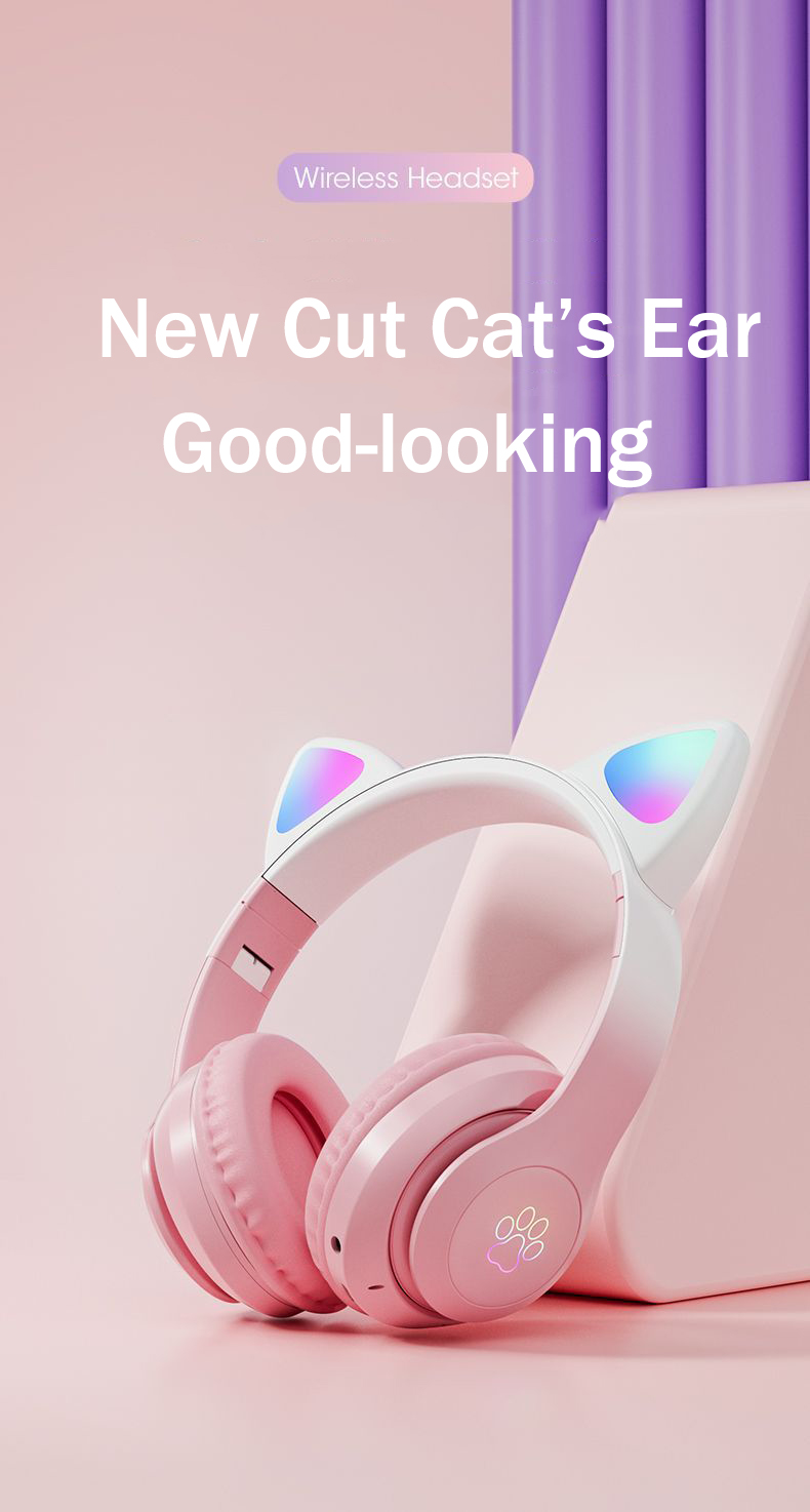 Nuevos auriculares Bluetooth Cat inalámbricos con luz LED de Color degradado con micrófono para niños y niñas, auriculares estéreo para música, regalo para jugadores_voghion.com