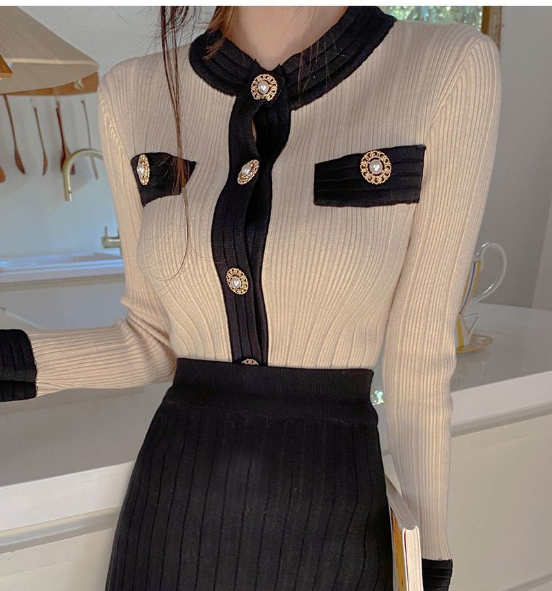Koreaanse gebreide top en rokset - ronde hals, lange mouwen, damesoutfit (abrikoos/zwart, one size fits all)_voghion.com