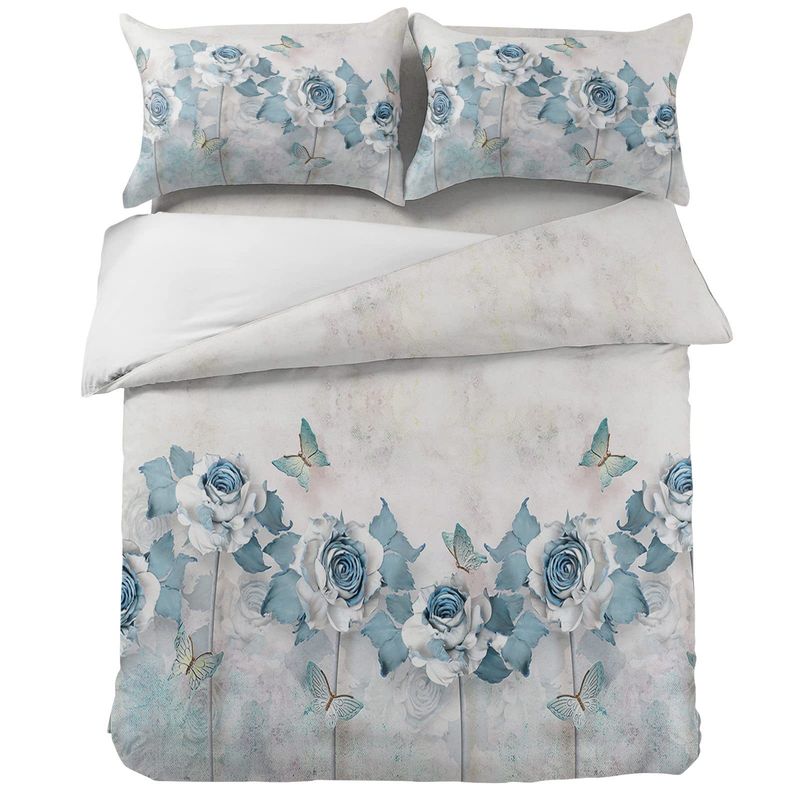 Zestaw pościeli Retro White Floral, trzyczęściowy, poszewka na kołdrę, miękki poliester, faktura frezowanego aksamitu_voghion.com