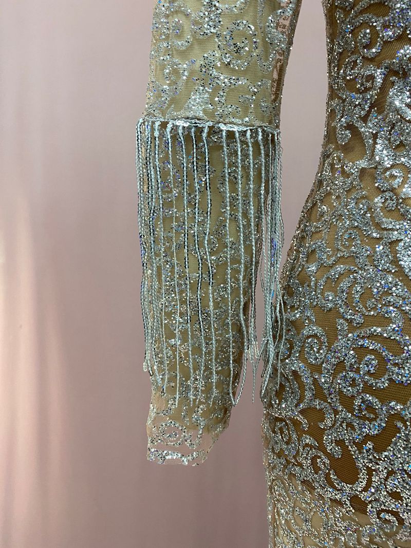 Damenbekleidung Deep V Hollow Langarm Gold besprenkeltes langes Kleid_voghion.com