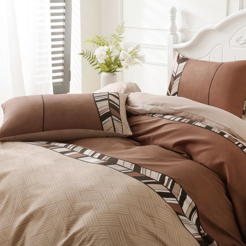 Brown Tribal Striped Duvet Cover Set - 3-Piece Boho Bedding (Wave Texture Rustic Style King/Queen Size Soft & Breathable Cotton)_voghion.com