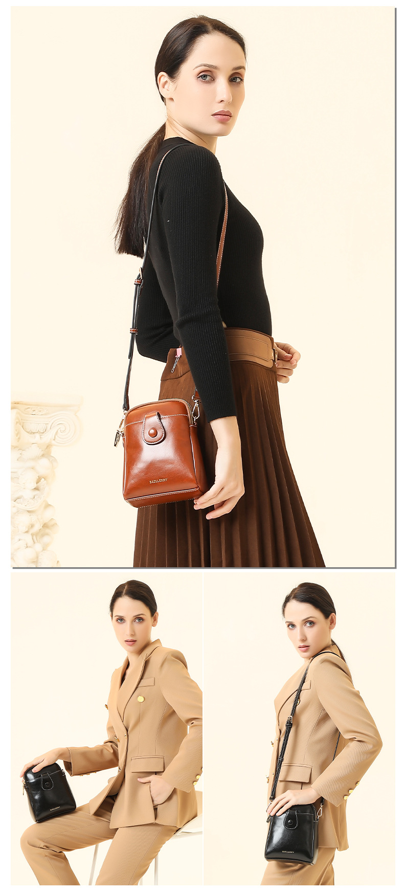 Borsa per cellulare nuova borsa a tracolla con doppia cerniera in pelle cerata da donna Baellerry versatile borsa a tracolla portamonete_voghion.com