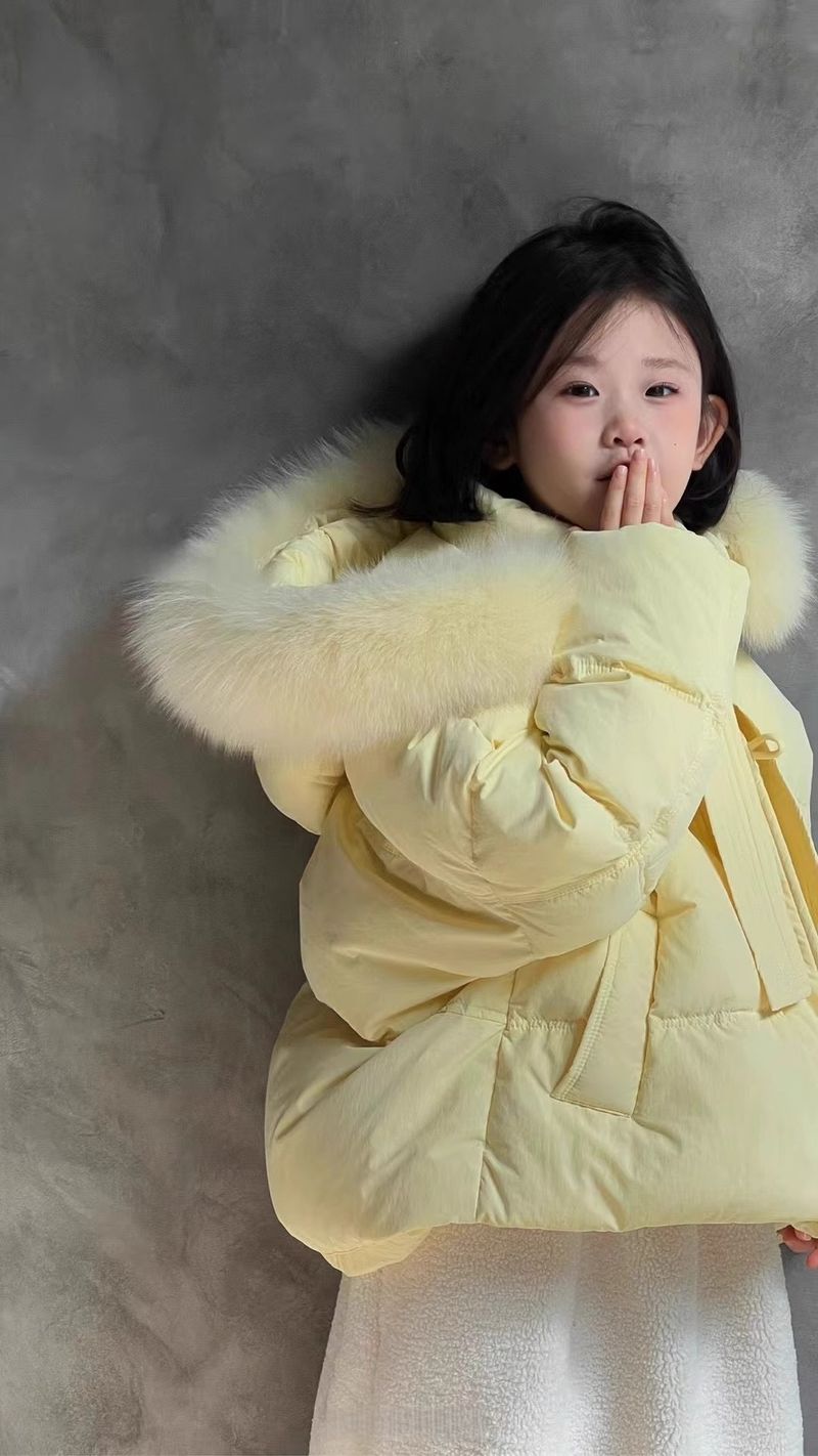Abnehmbare Kunstpelz-Kapuzenjacke für Mädchen – Winter-Puffermantel (ab 8 Jahren, 120–170 cm, Gelb/Hellblau)_voghion.com