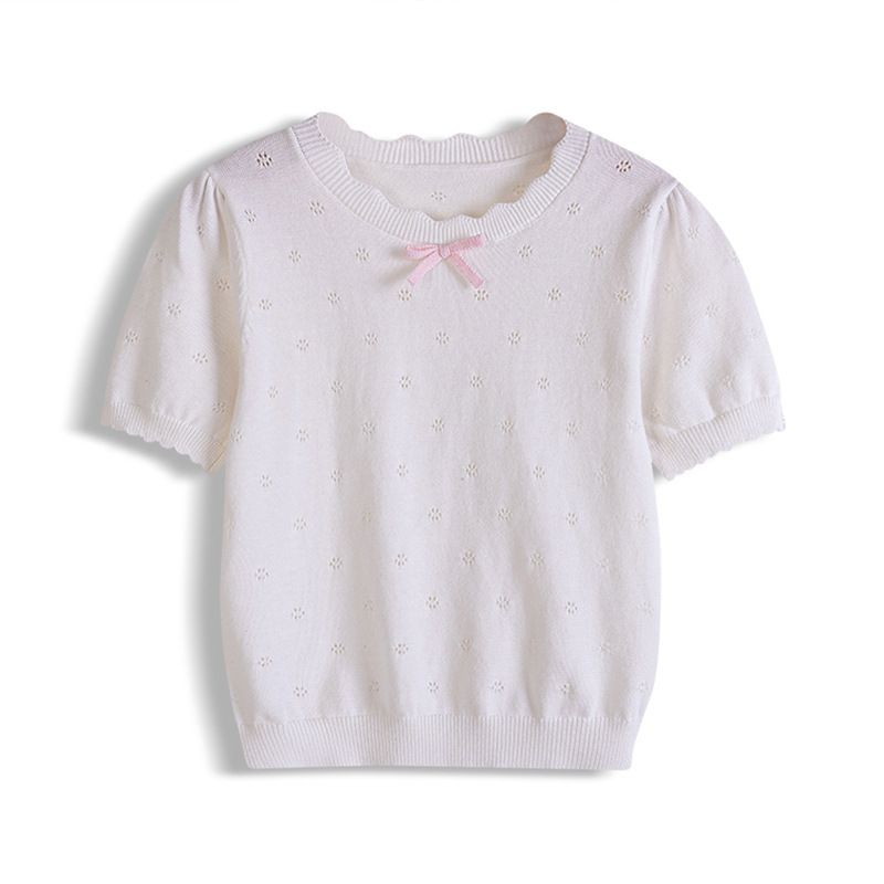 Maglietta estiva a maniche corte sottile e traspirante con scollo rotondo e fiocco traforato per bambini, modello A, all'ingrosso_voghion.com